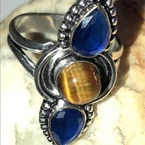 - Tiger Eye Blue Topaz Gemstone Handmade Ring 925 tigers